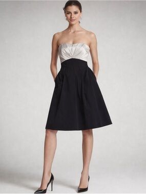 🆕 WHITE HOUSE BLACK MARKET Strapless Satin Dress Size 6 Women’s NWT Black Beige